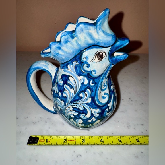 Caltagirone Traditional Ceramic Rooster Jug in Blue and White Scrolled Design - Picture 9 of 10